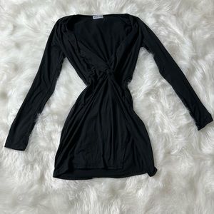 Fashion nova Small black long sleeve swooping low cleavage Mini dress with slit